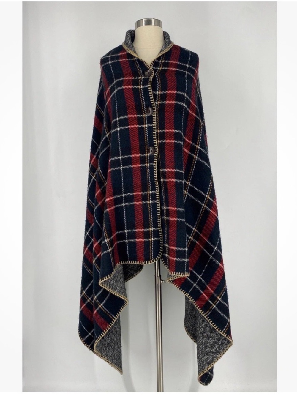 Torrid Plaid Button-Front Poncho Cape in Navy and Red